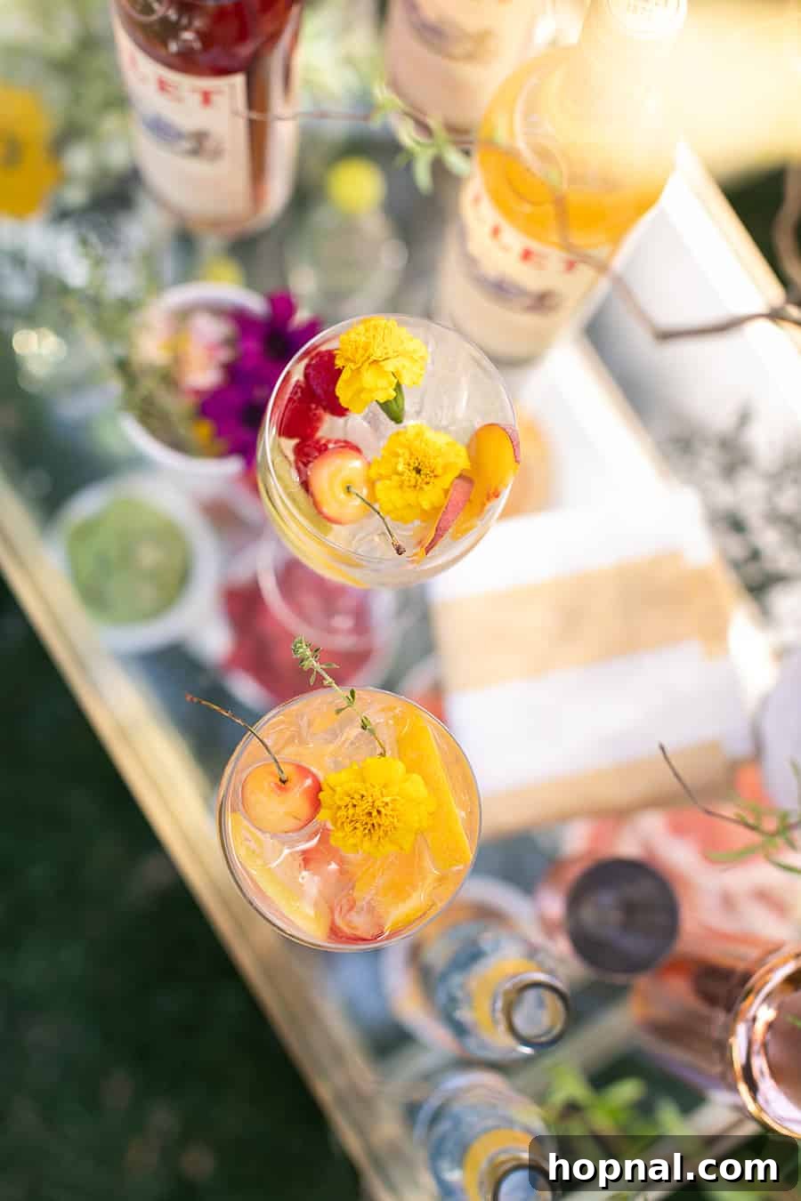 Craft Your Own Spritzer Bar 11 Overhead view of a vibrant cocktail garnished with edible flowers, highlighting the beauty of a personalized spritzer.