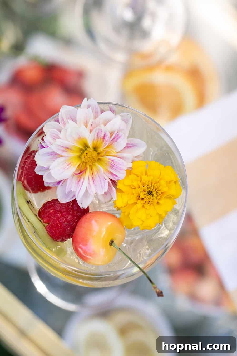 Craft Your Own Spritzer Bar 14 Overhead shot of multiple colorful cocktails, garnished with edible flowers and cherries, illustrating variety.