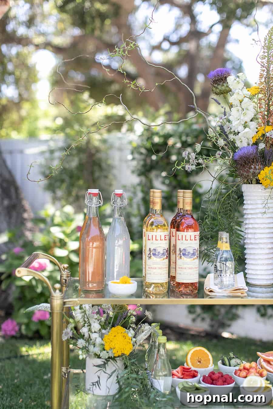 Craft Your Own Spritzer Bar 3 Lillet bottles arranged on a bar cart with sparkling lemonade and fresh berries, ready for spritzer mixing.