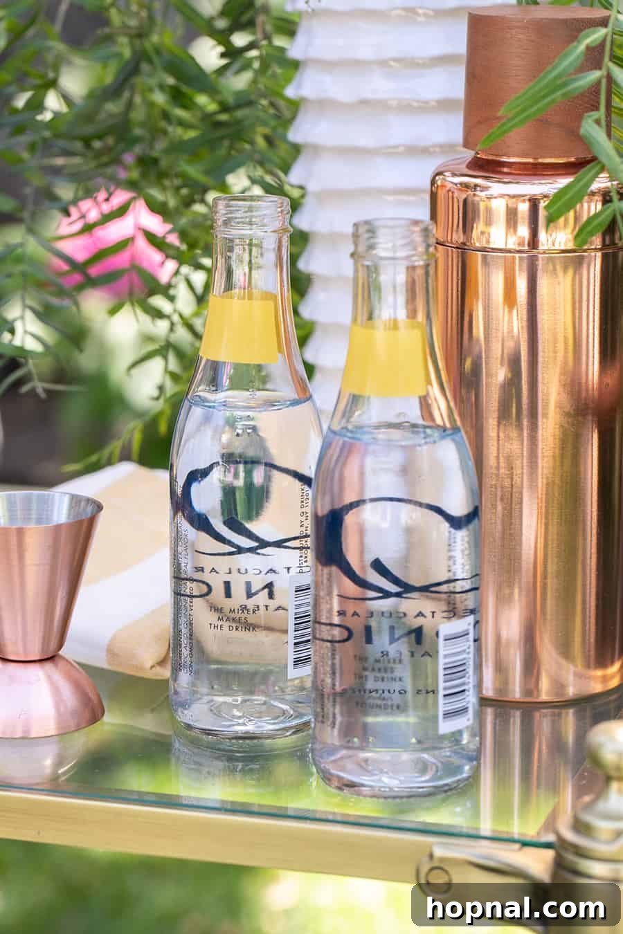 Craft Your Own Spritzer Bar 5 Bottles of tonic water and other mixers neatly arranged on a bar cart, ready for spritzer preparation.