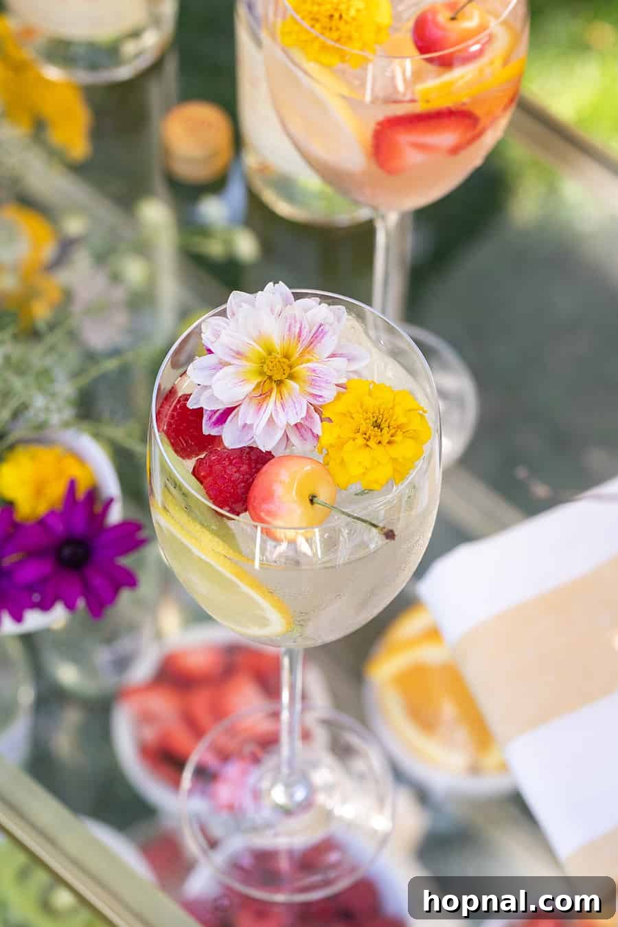 Craft Your Own Spritzer Bar 8 A refreshing spritzer garnished with an edible flower and fresh cherries, showcasing a beautiful cocktail creation.