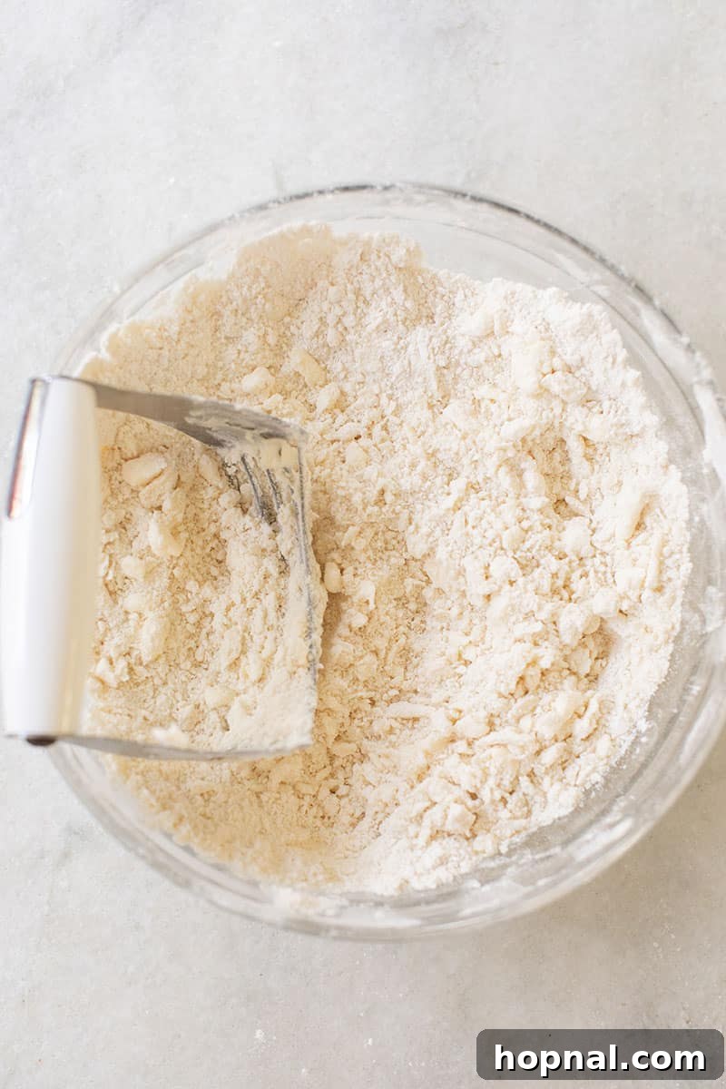 A pastry cutter being meticulously used in a bowl filled with flour and cold butter chunks, illustrating the careful start of pie dough preparation.