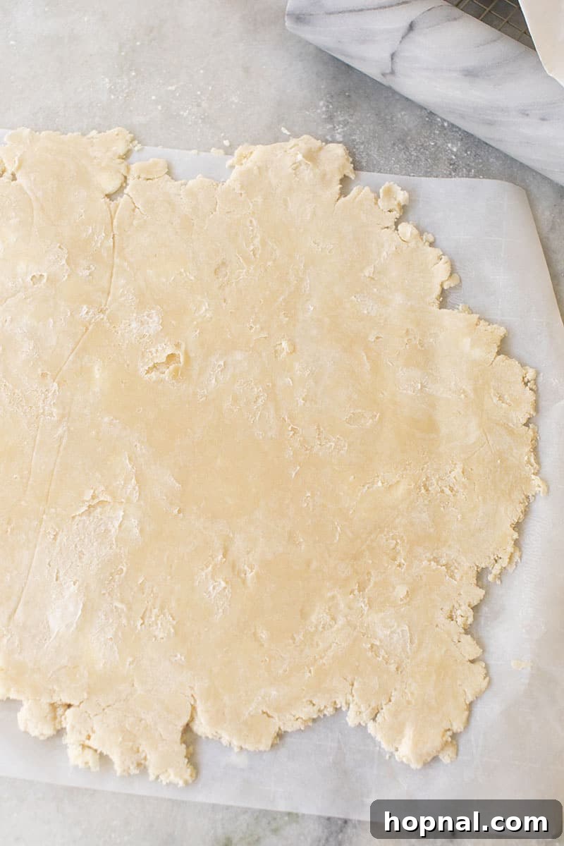 A perfectly rolled out pie crust displayed on a flat surface, demonstrating ideal size and circular shape before transferring to a dish.