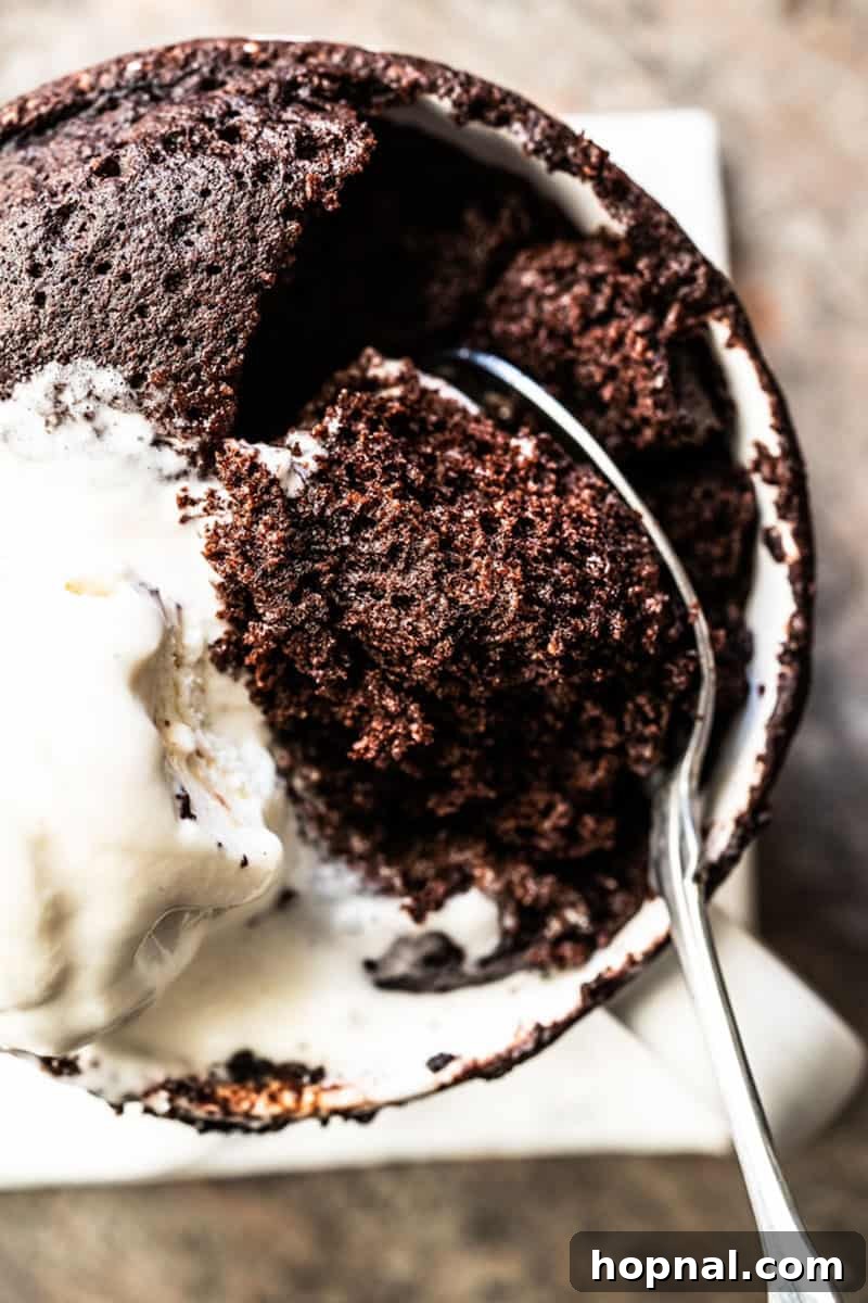 A delectable chocolate Keto mug cake with a spoon plunged into its gooey center, ready to be enjoyed.