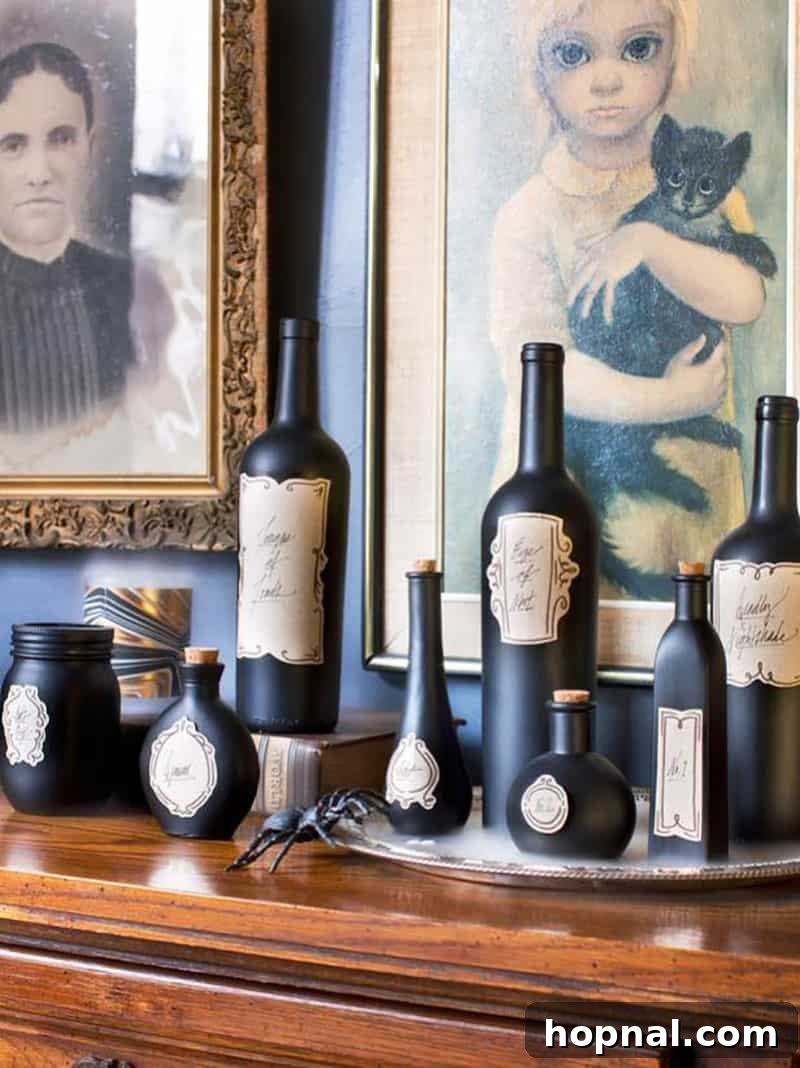 Dark bottles adorned with unique, bewitching labels, creating a mystical bar setup for a Halloween gathering.