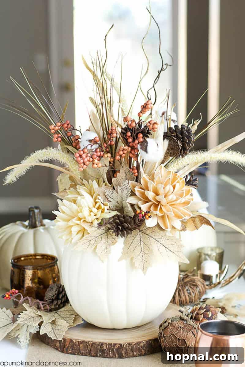 A vibrant orange pumpkin elegantly transformed into a vase, filled with an arrangement of beautiful autumn flowers.