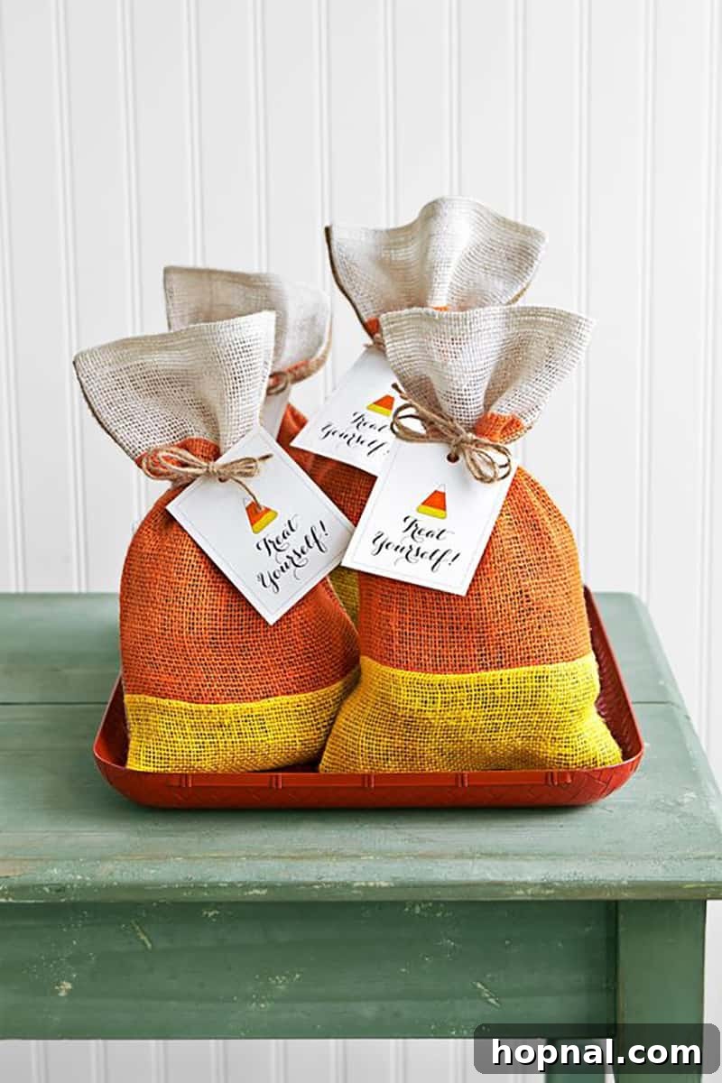 Halloween candy corn treat bags with a cute printable tag, perfect as party favors for a Halloween gathering.