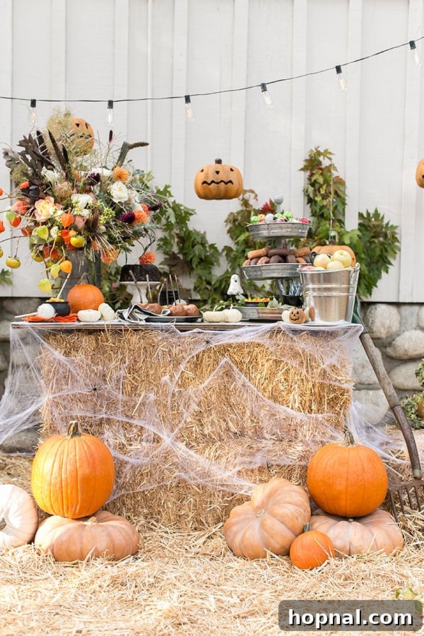 A charming outdoor Halloween party setup featuring hay bales, rustic tin buckets, an array of pumpkins, and warm string lights draped overhead, creating a cozy autumn ambiance.