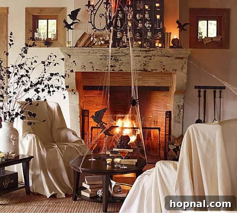 A spooky Halloween living room decor with white sheets draped over chairs resembling ghosts, decorative birds and bats, and a cozy lit fireplace.