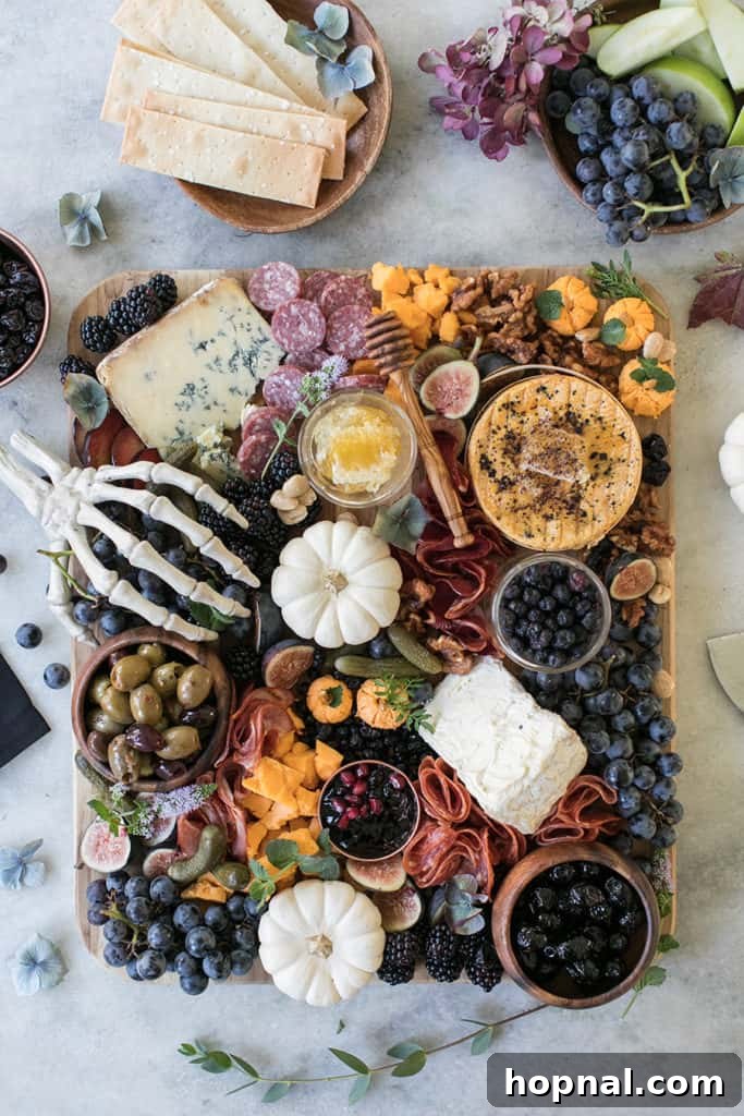 An elaborate Halloween meat and cheese board, beautifully arranged with a variety of cheeses, meats, crackers, and spooky garnishes, perfect for entertaining.