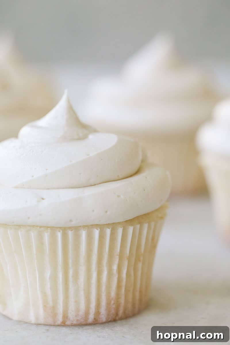 A fluffy white vanilla cupcake with a whit paper and creamy buttercream.