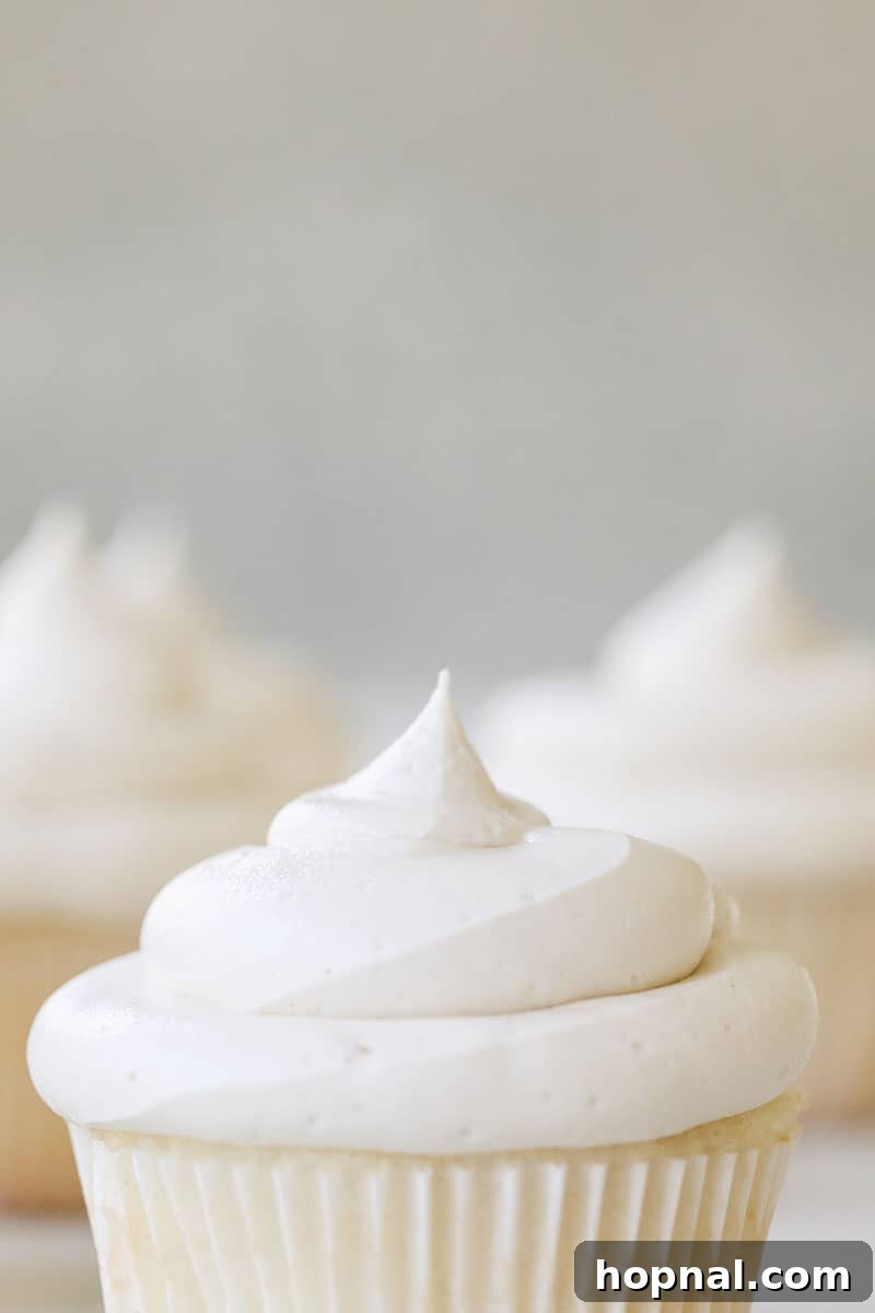 Close-up of a perfectly frosted cupcake with homemade vanilla buttercream, adorned with a delicate swirl, ready to be enjoyed.