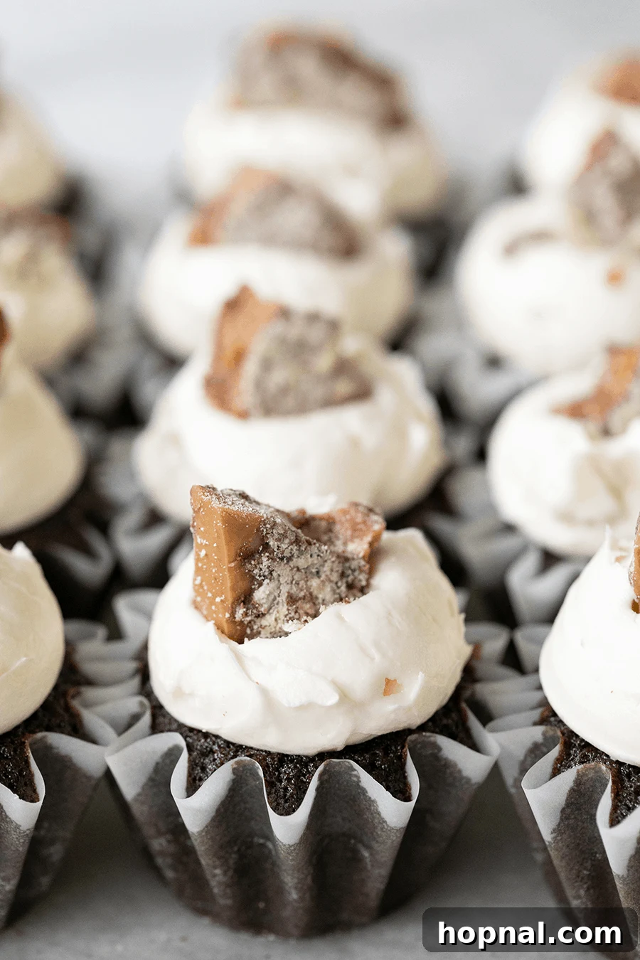 Decadent chocolate cupcakes topped with generous swirls of homemade vanilla buttercream frosting, garnished with crunchy toffee bits.