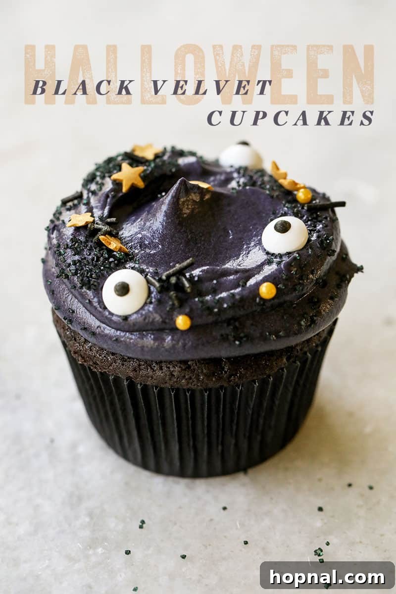 Close-up of a black velvet cupcake with sprinkles, showcasing its dark color achieved with black cocoa powder.