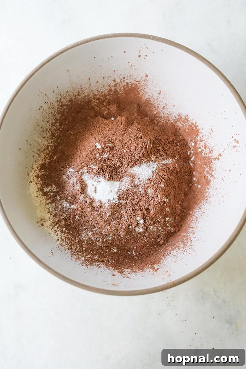 Unsweetened cocoa powder and cake flour mixed together in a bowl, awaiting combination with wet ingredients for black velvet cupcakes.