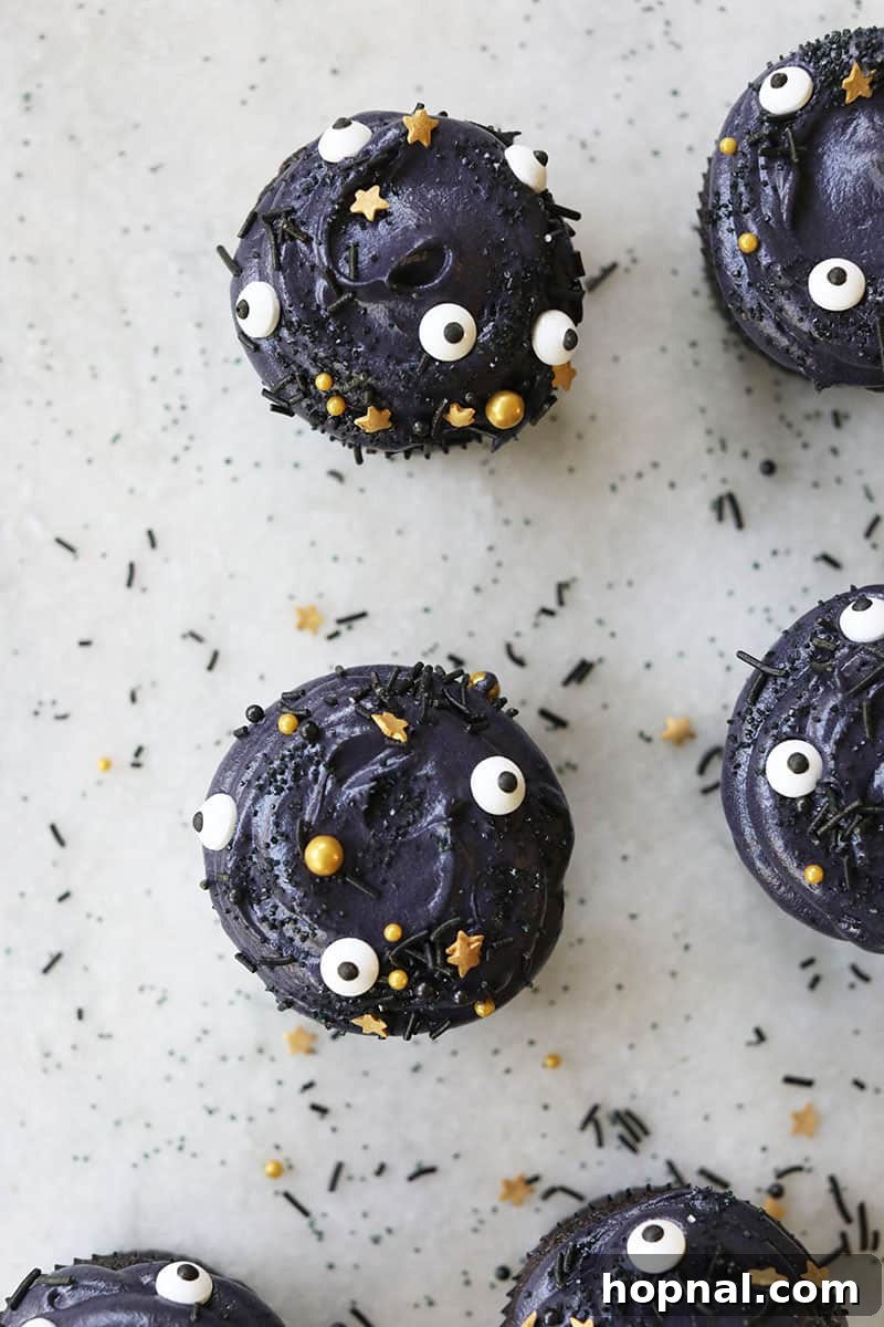 Overhead shot of beautifully decorated black velvet cupcakes with an assortment of sprinkles, perfect for a Halloween party spread.