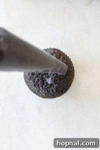 Piping frosting onto a black velvet cupcake.