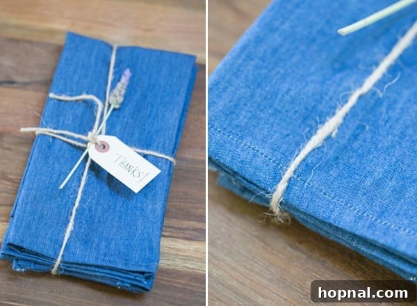 Close-up of DIY denim napkins showcasing the texture and craftsmanship of old jeans repurposed into table linens.