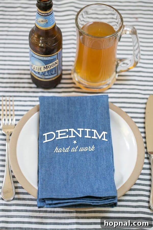 Set of freshly made DIY denim napkins, ready for use or gifting, highlighting the ease of this craft.