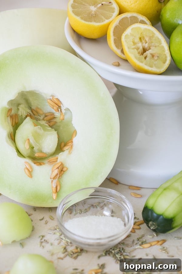 Ingredients for a Frozen Honeydew Cocktail laid out on a kitchen counter