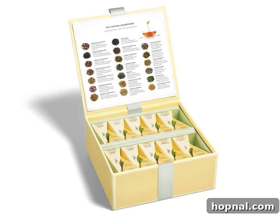 A selection of gourmet teas, beautifully packaged, ready for guests to choose their preferred flavor.