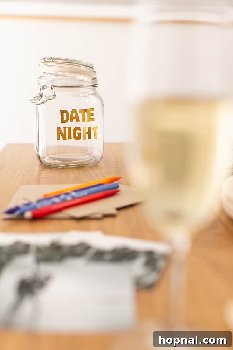 A 'Date Night' bridal shower game station with cards and a jar, encouraging guests to share romantic ideas for the couple.