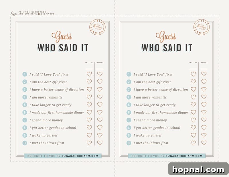 A free printable graphic for the 'Guess Who Said It' bridal shower game, ready for download and printing to entertain guests.