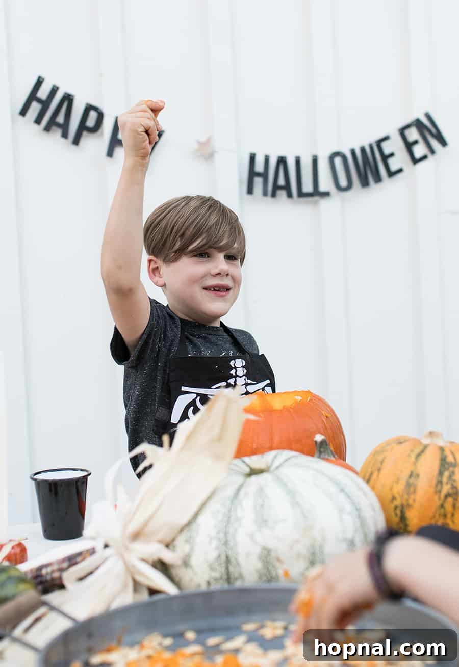 Children participating in a pumpkin carving party, with pumpkins and carving tools, enjoying a classic Halloween tradition.