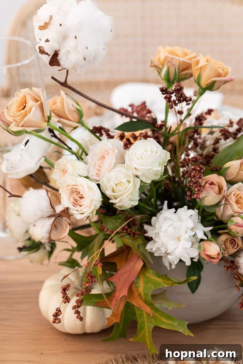 A beautiful arrangement of fall flowers, showcasing warm hues and natural textures, ideal for Thanksgiving decor.