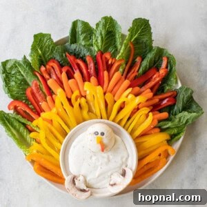Thanksgiving turkey vegetable platter with all the ingredients and dip.