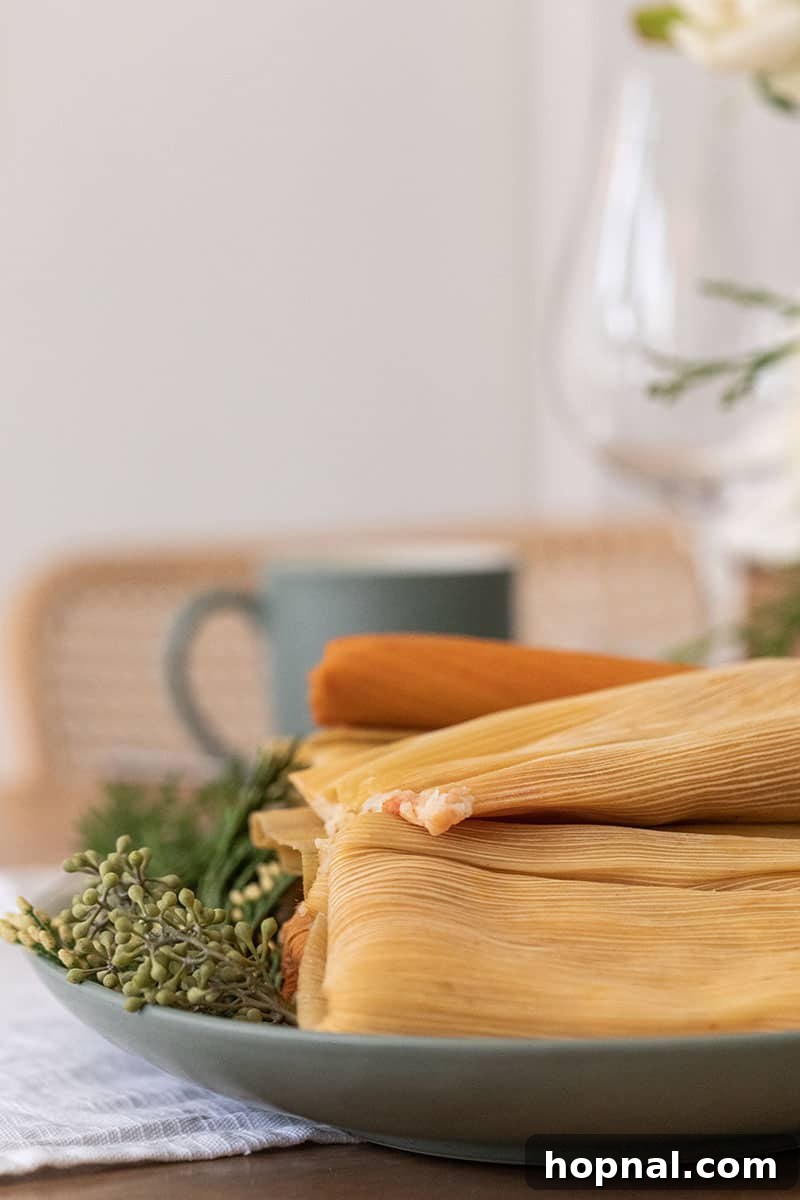 Authentic Mexican Tamales, a traditional dish for Christmas Eve Dinner, beautifully presented.