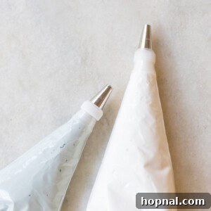 Gingerbread house icing in piping bags.
