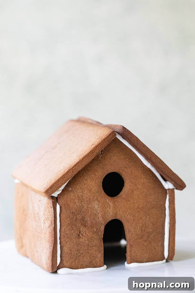 A beautifully assembled gingerbread house, secured and decorated with the perfect gingerbread icing, showcasing its reliability.