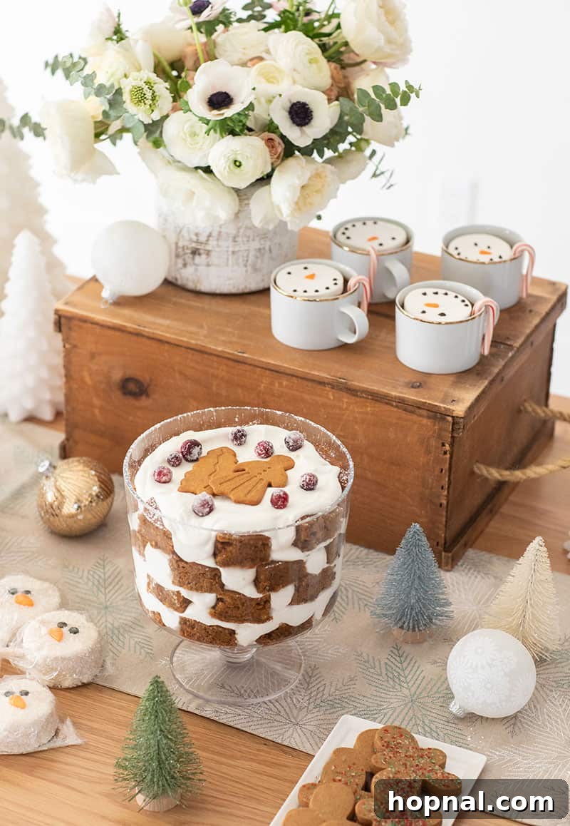 The Ultimate Guide to a Showstopping Christmas Dessert Display 20 A festive Christmas dessert table showcasing bottle brush trees, a gingerbread trifle, ornaments, and hot cocoa for a complete holiday setup.
