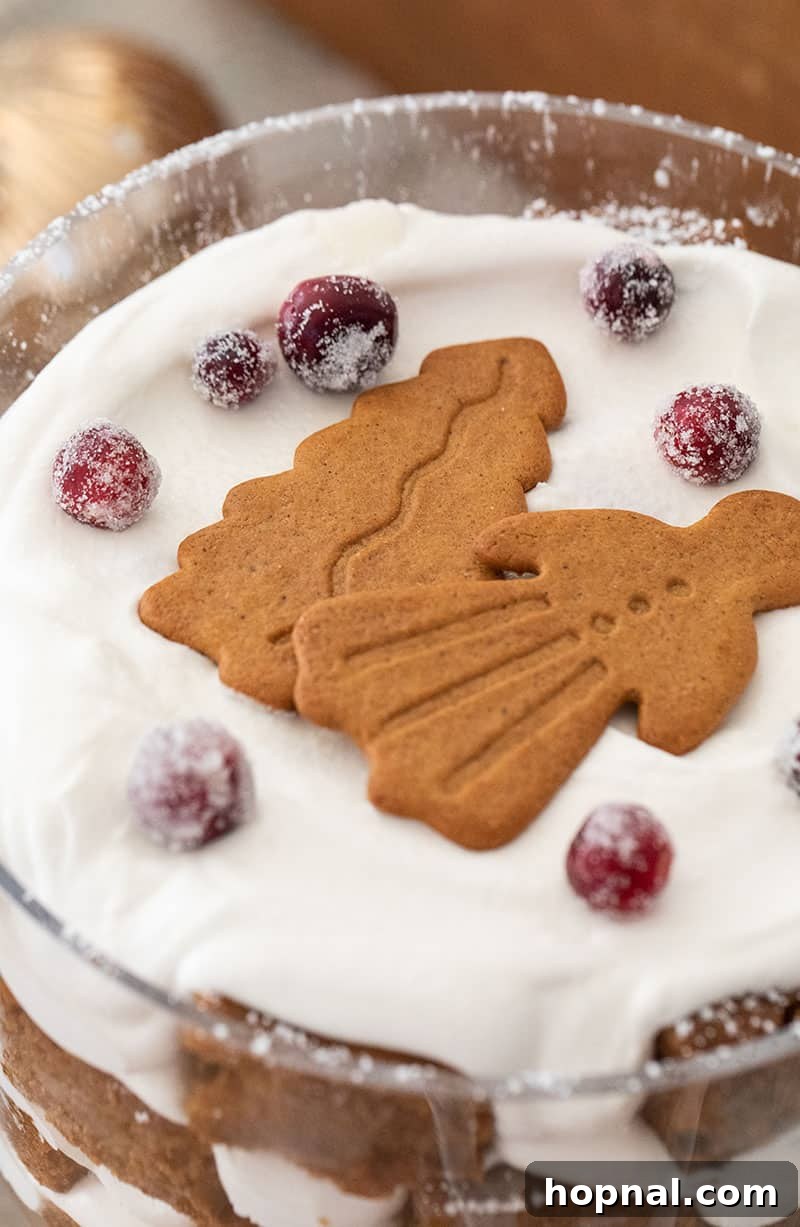 The Ultimate Guide to a Showstopping Christmas Dessert Display 21 Gingerbread cookies artfully placed on top of a gingerbread trifle, adding a decorative and tasty touch.