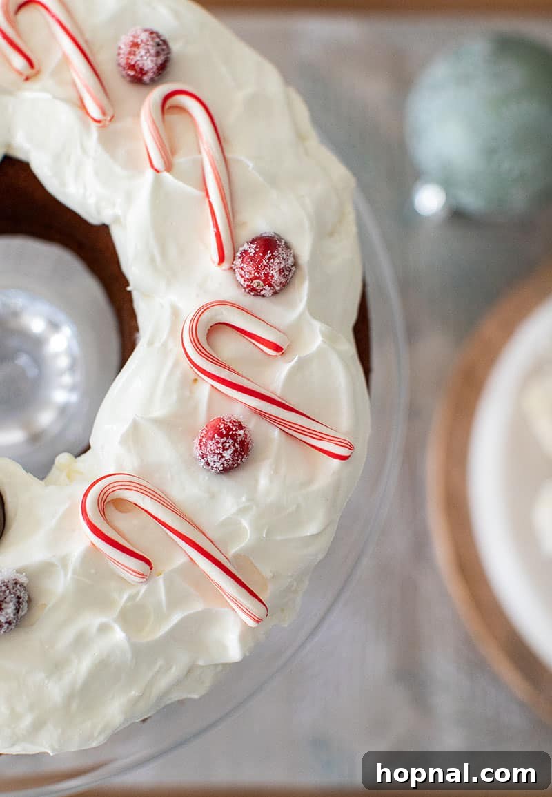 The Ultimate Guide to a Showstopping Christmas Dessert Display 22 A festive gingerbread cake topped generously with whipped cream, candy canes, and sugared cranberries.