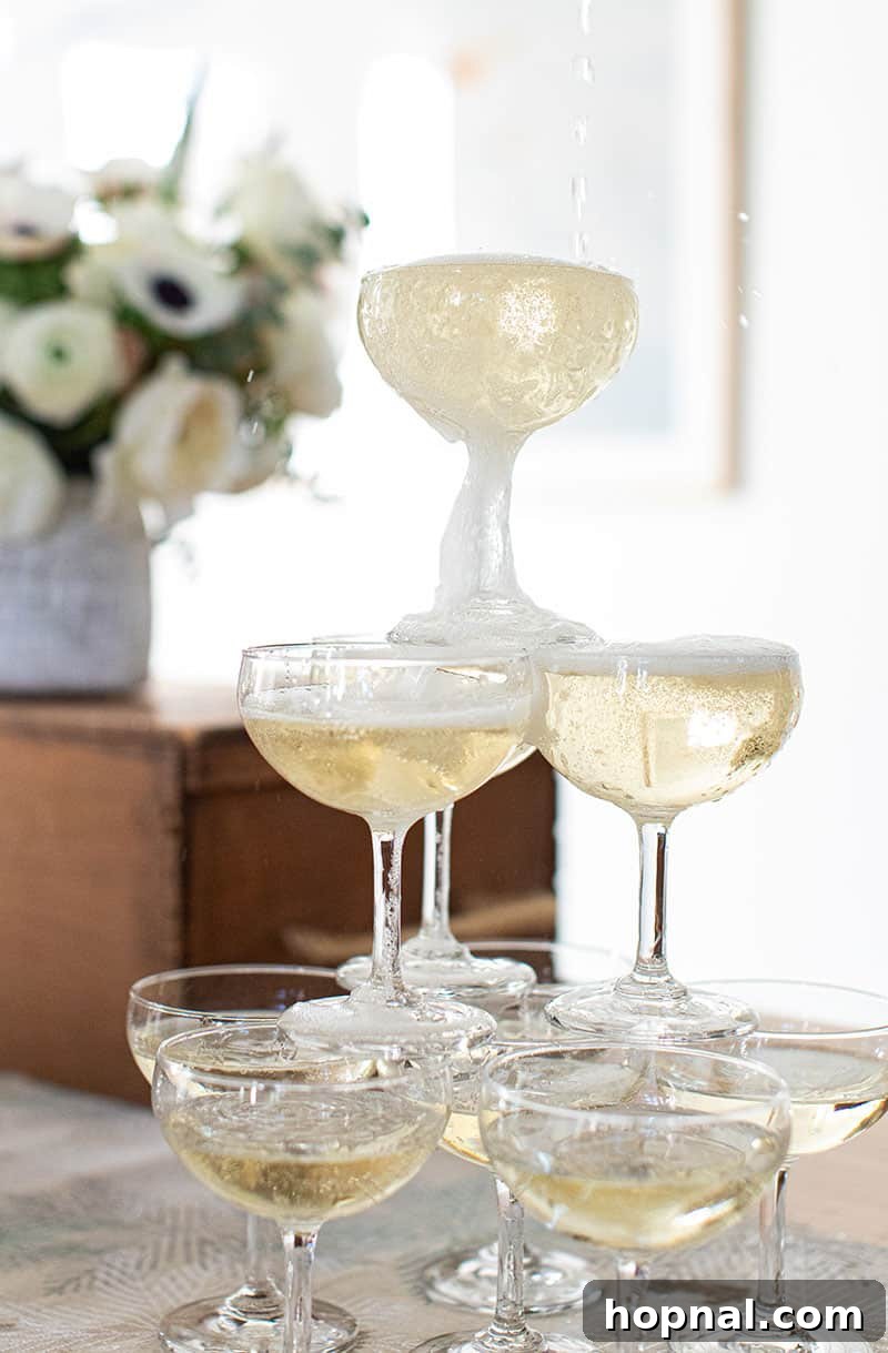 The Ultimate Guide to a Showstopping Christmas Dessert Display 27 Elegantly stacked champagne coupe glasses, filled with sparkling champagne, ready for a festive celebration.