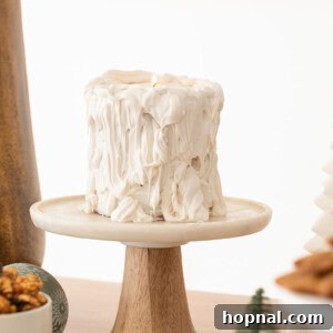 A festive image of a vanilla candle cake, perfect for a Christmas dessert table, resembling a real candle with its unique drip design.