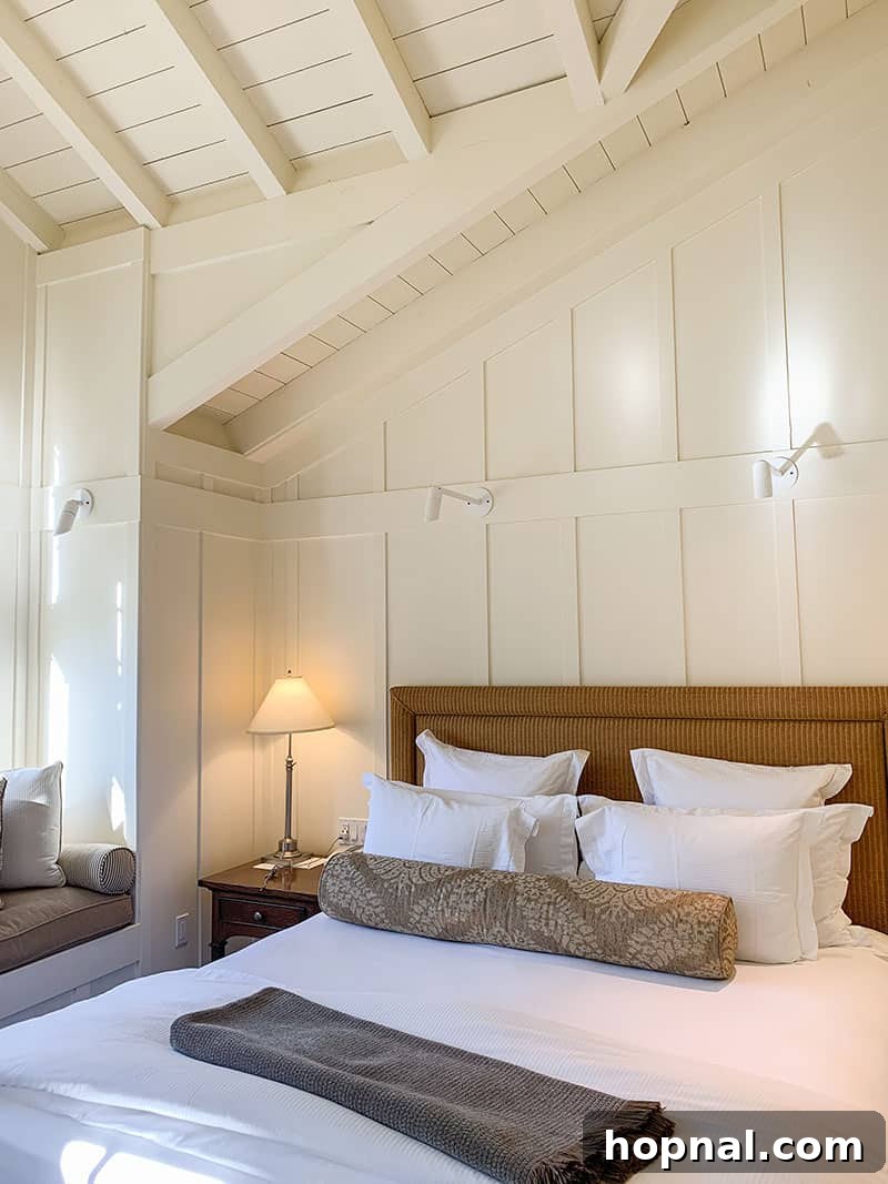 A cozy cabin room at Meadowood Napa Valley with beautiful wooden interiors