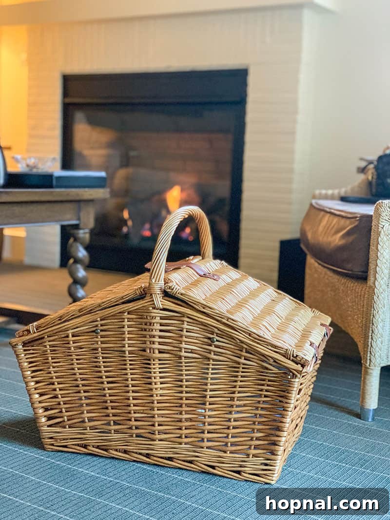 A delightful picnic basket filled with room service items at Meadowood Napa Valley