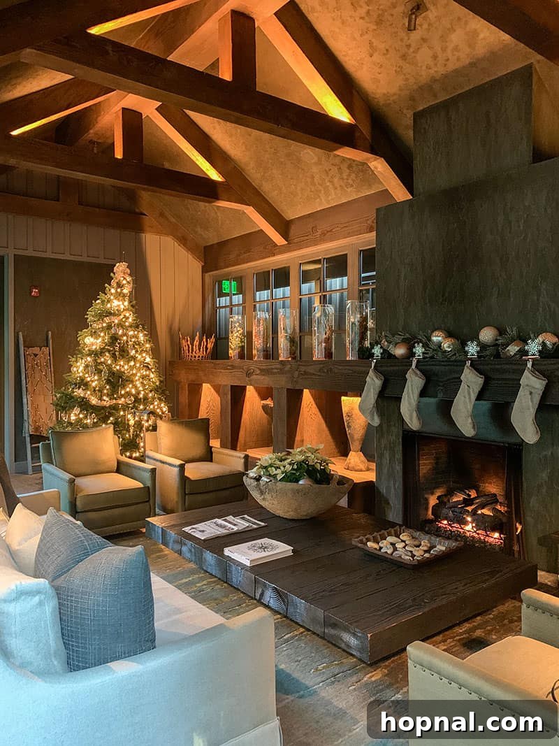 The beautifully decorated spa living room area at Meadowood Napa Valley during Christmas