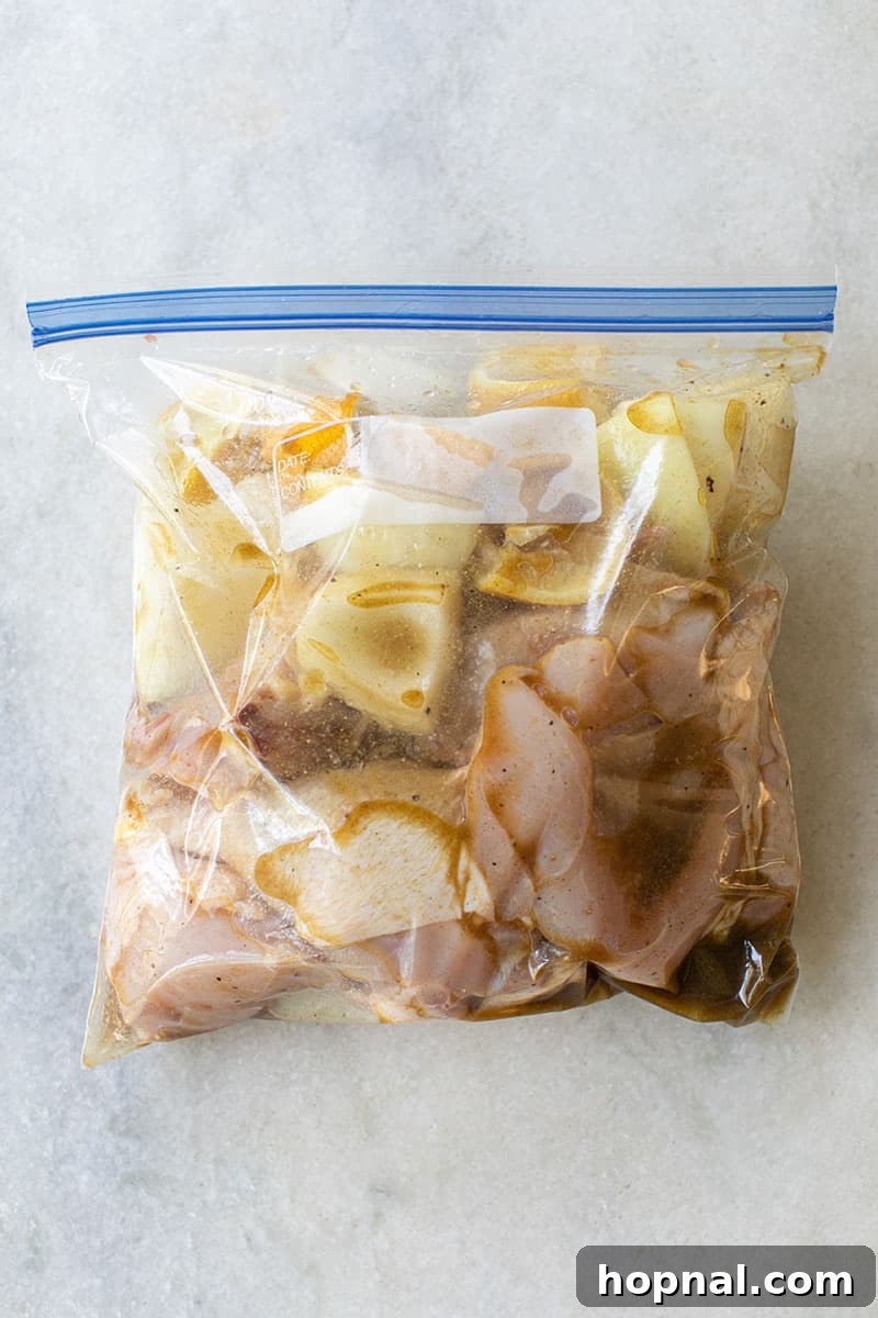 Marinated chicken, onions, apples, and sausage in a plastic bag, ready for the oven.