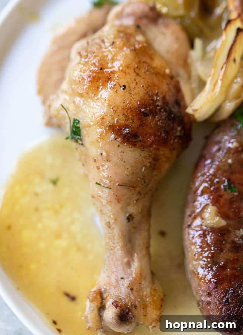 Close-up photo of a beautifully baked golden brown chicken leg with glistening pan juices.