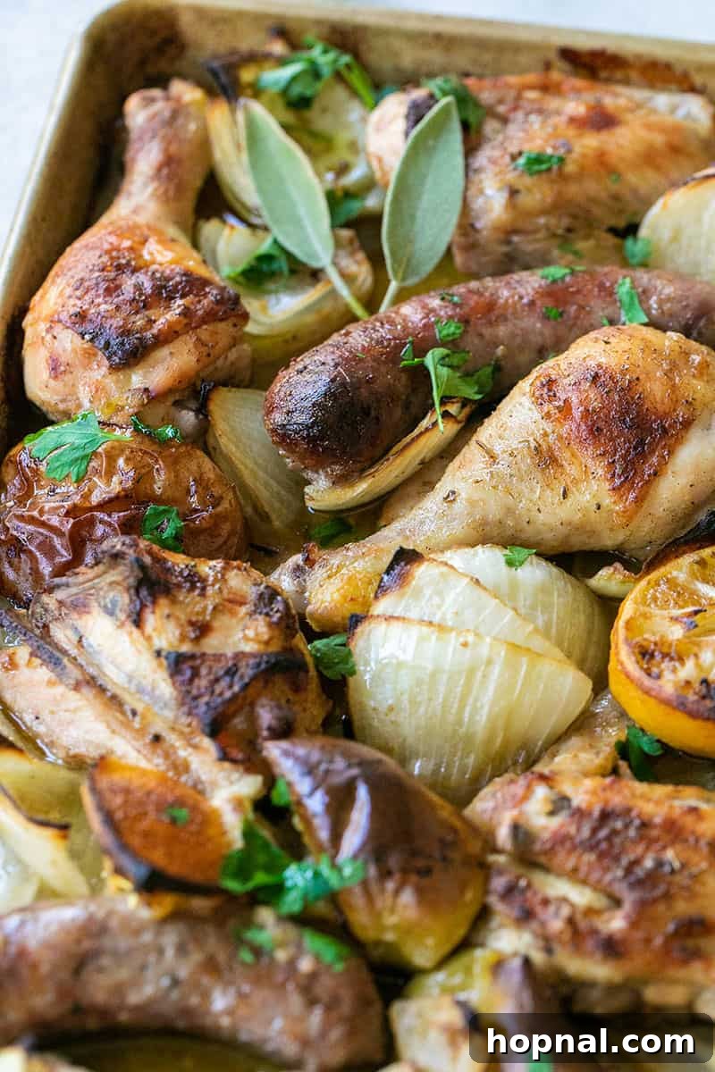 One-Pan Chicken and Sausage Bake adorned with fresh sage, parsley, onions, lemons, apples, and a blend of aromatic seasonings.