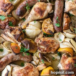 One Sheet Pan Chicken and Sausage Bake ready to serve.