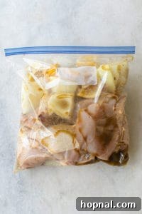 Chicken, onions, apples, and sausage marinating in a plastic bag with sauce.
