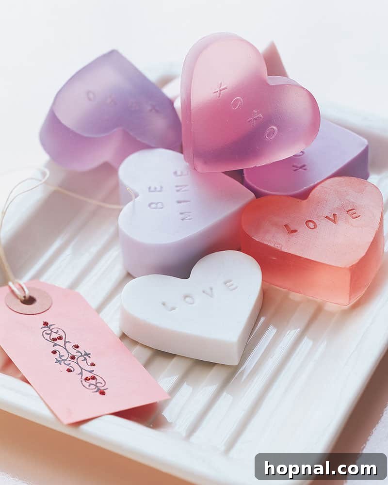 Heartfelt Creations: 14 DIY Valentine's Day Projects 5 Assortment of homemade heart-shaped soaps, reminiscent of conversation hearts, displayed on a elegant tray.
