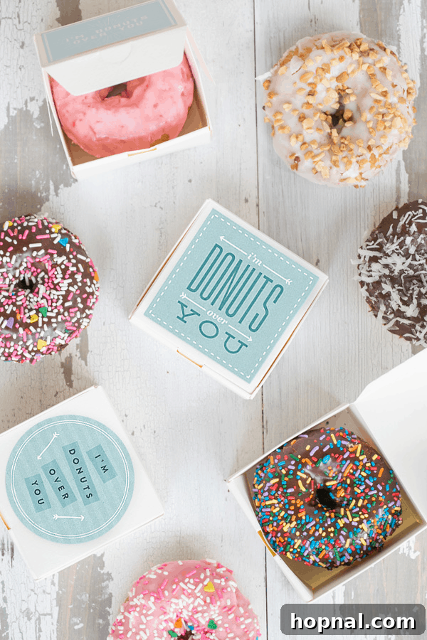 Heartfelt Creations: 14 DIY Valentine's Day Projects 7 Playful 'I'm Donuts Over You' printable tags accompanying delicious donuts, perfect for a fun Valentine's Day treat.