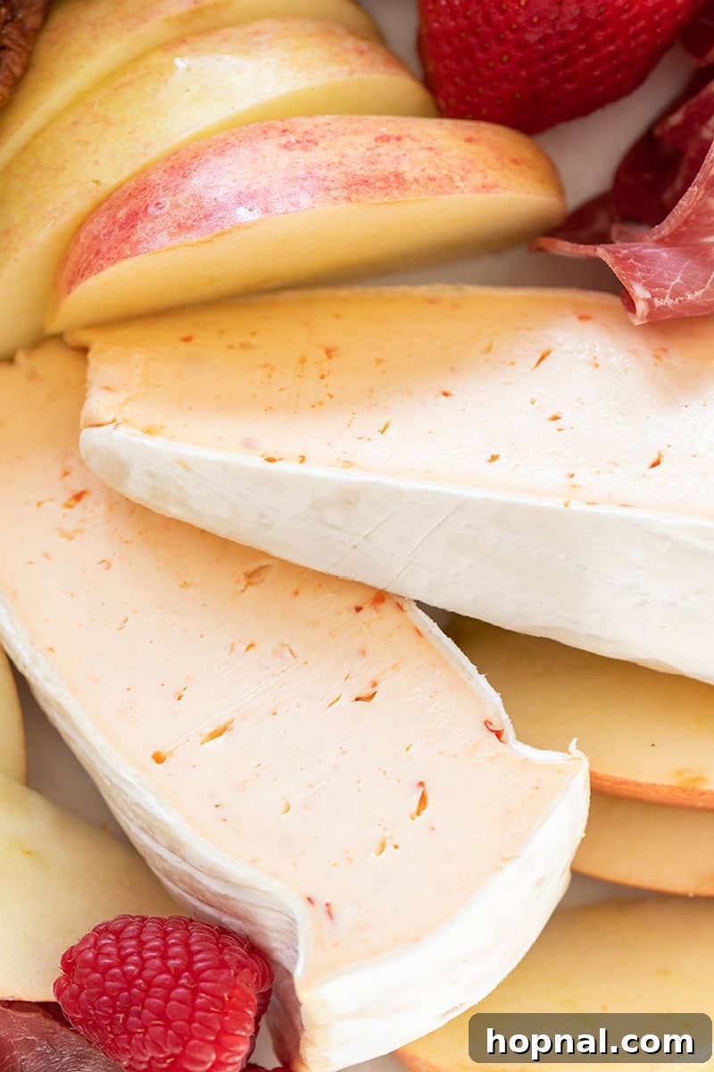 Valentine's Day Sweetheart's Grazing Board 11 A vibrant close-up of a wheel of red pepper brie cheese, showcasing its creamy texture and visible red flakes, hinting at a delightful spicy kick.