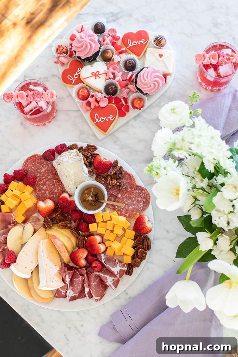 Valentine's Day Sweetheart's Grazing Board 20 A breathtaking display of both a Valentine's Day Charcuterie platter and a Dessert Platter, presented together to create an unforgettable and luxurious feast.